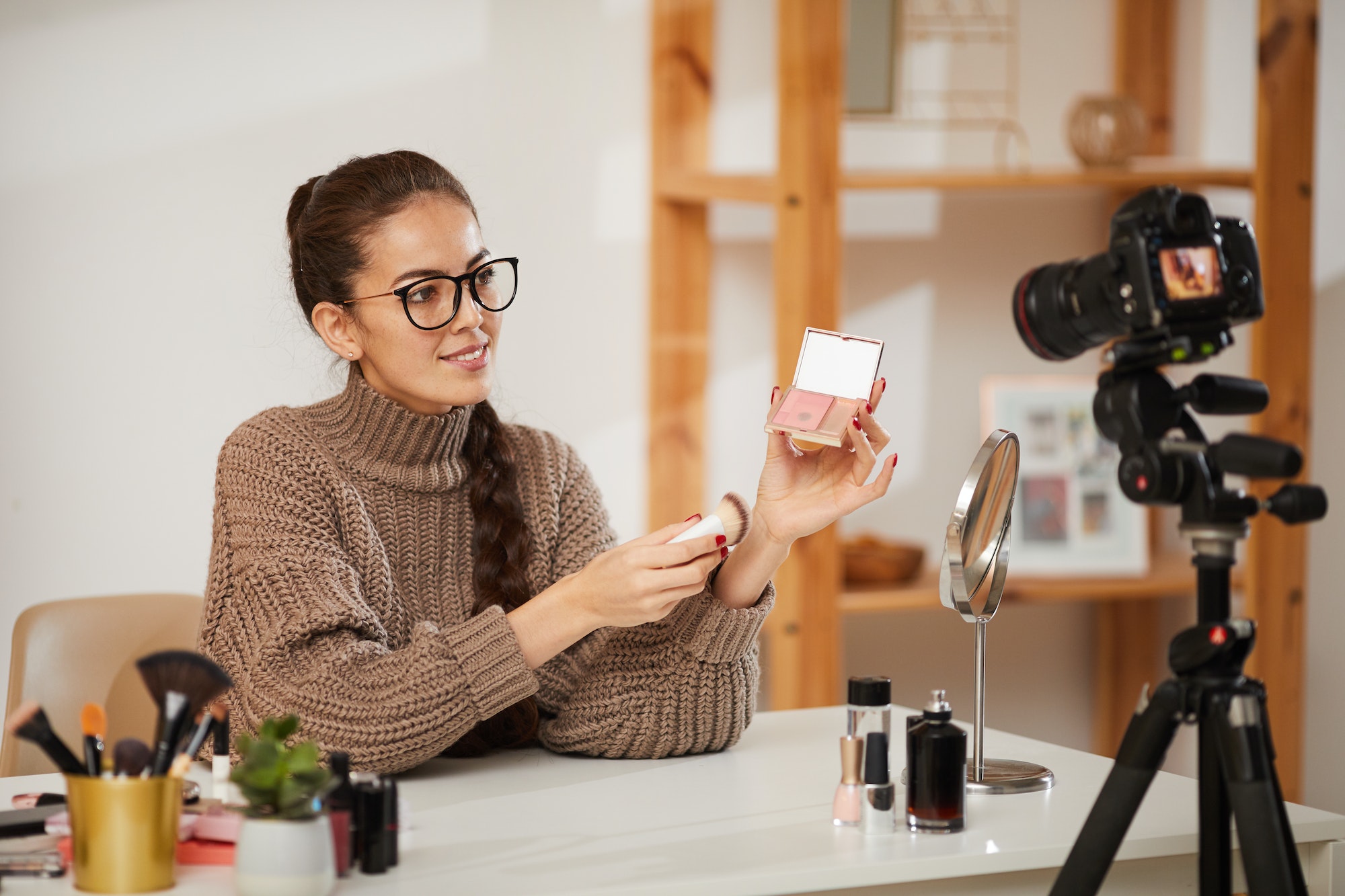 Young Woman Testing Beauty Products for Video
